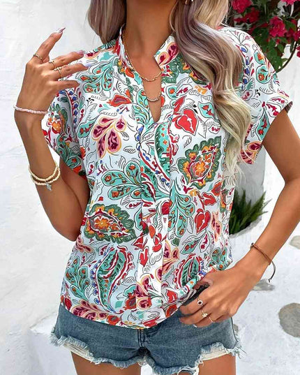 Printed Notched Neck Short Sleeve Blouse