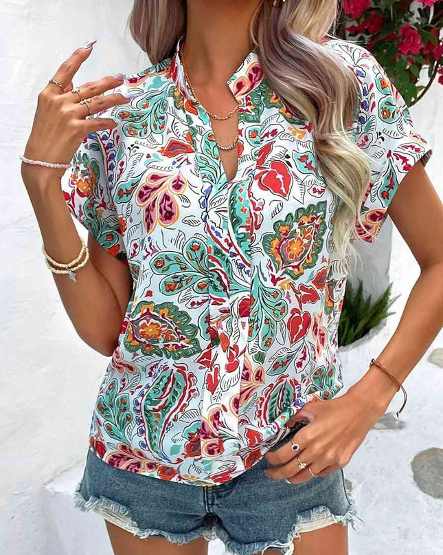 Printed Notched Neck Short Sleeve Blouse