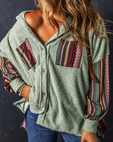 Geometric Button Up Long Sleeve Hooded Jacket