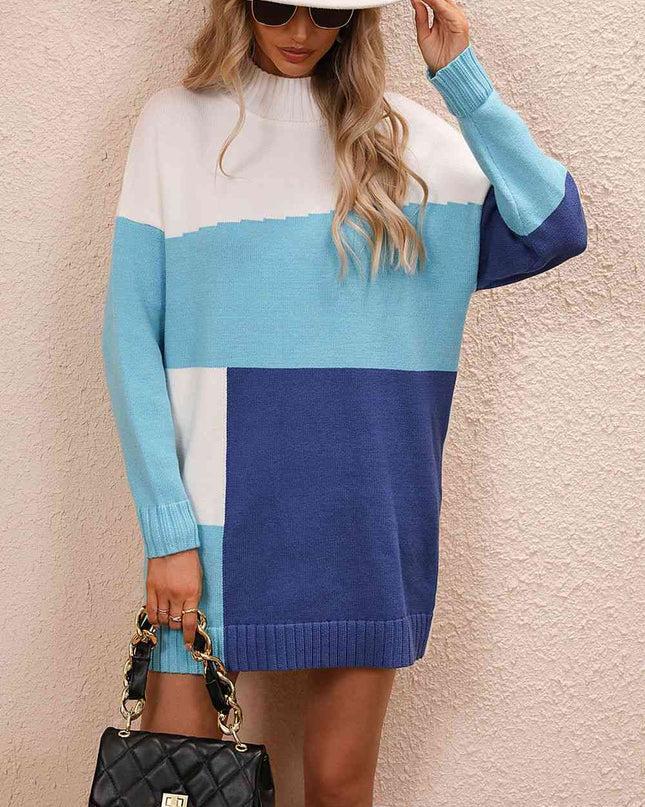 Color Block Mock Neck Dropped Shoulder Sweater Dress
