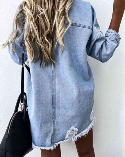 Raw Hem Collared Neck Long Sleeve Denim Jacket