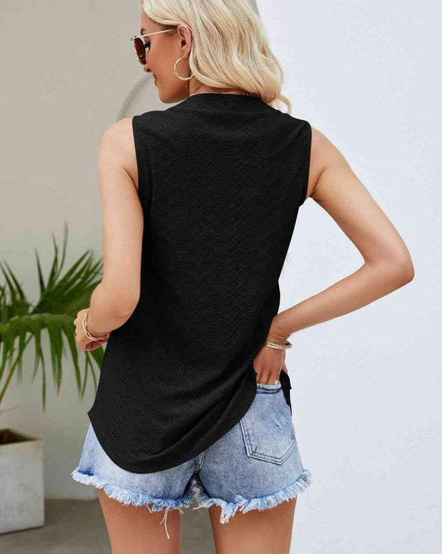 Notched Neck Curved Hem Eyelet Tank