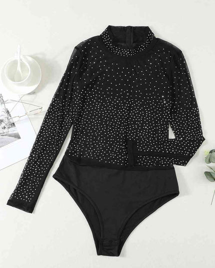 Rhinestone Mock Neck Long Sleeve Bodysuit