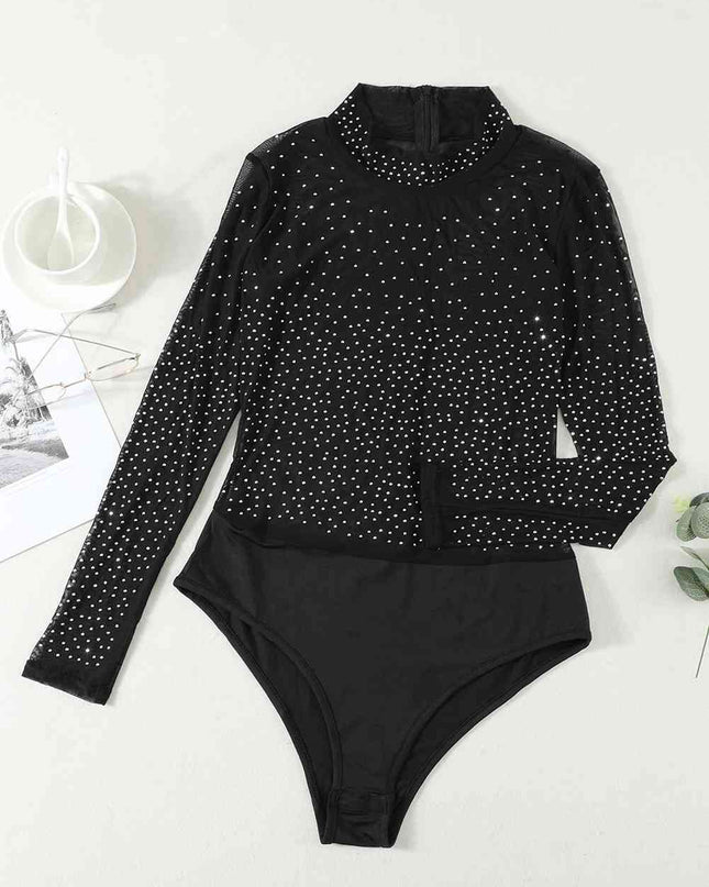 Rhinestone Mock Neck Long Sleeve Bodysuit