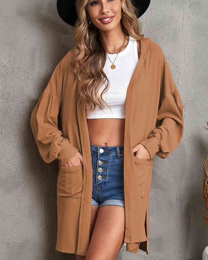 Open Front Hooded Longline Cardigan with Pockets