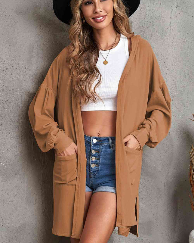 Open Front Hooded Longline Cardigan with Pockets