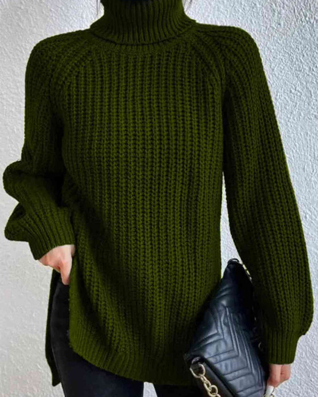 Full Size Turtleneck Rib-Knit Slit Sweater