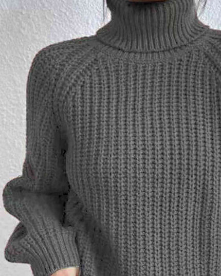 Full Size Turtleneck Rib-Knit Slit Sweater