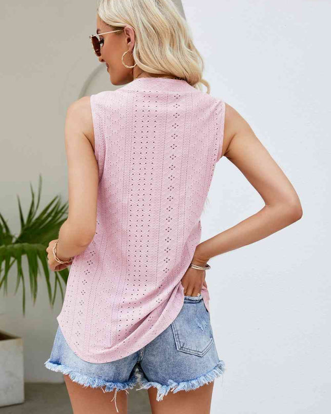 Notched Neck Curved Hem Eyelet Tank
