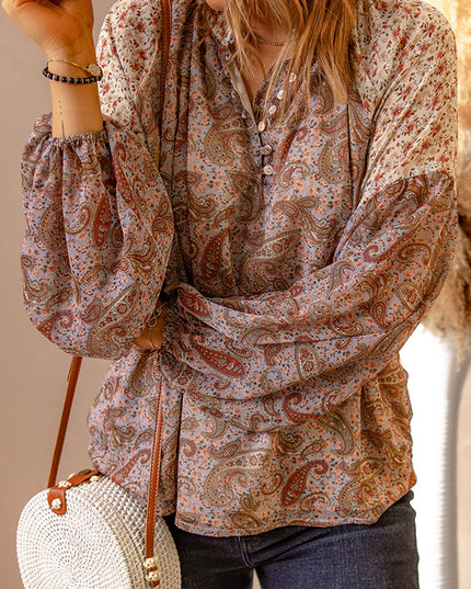 Paisley Print Quarter Button Balloon Sleeve Blouse