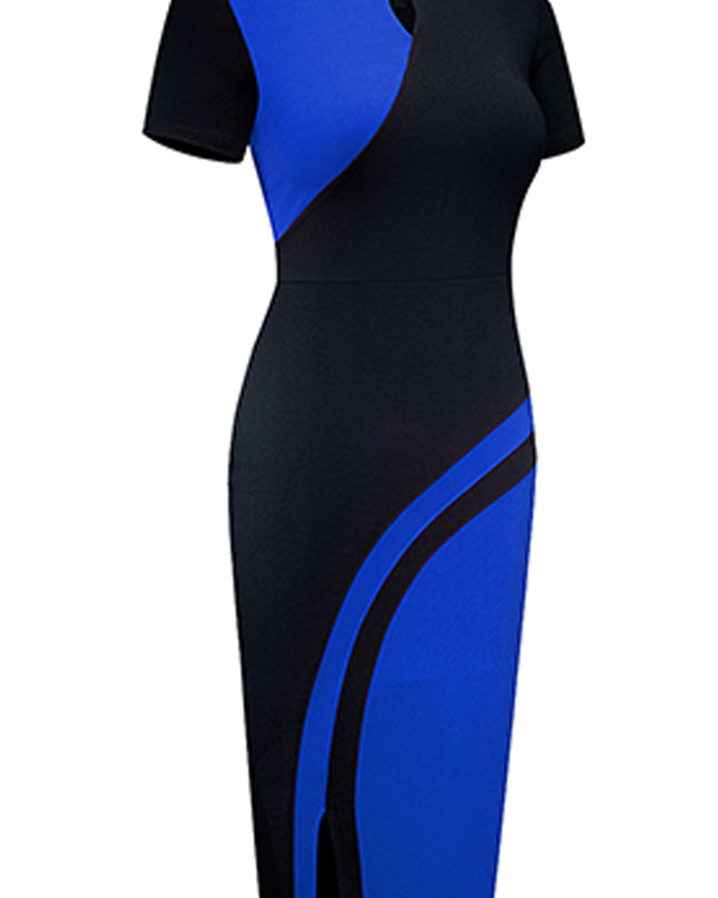 Two-Tone Round Neck Short Sleeve Slit Dress