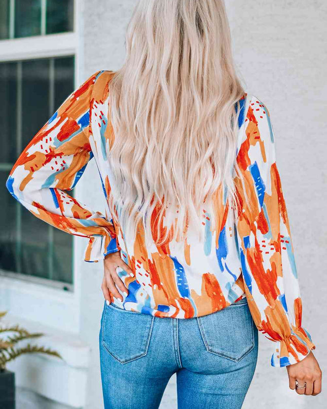 Paint Print Ruffle Collar Flounce Sleeve Top