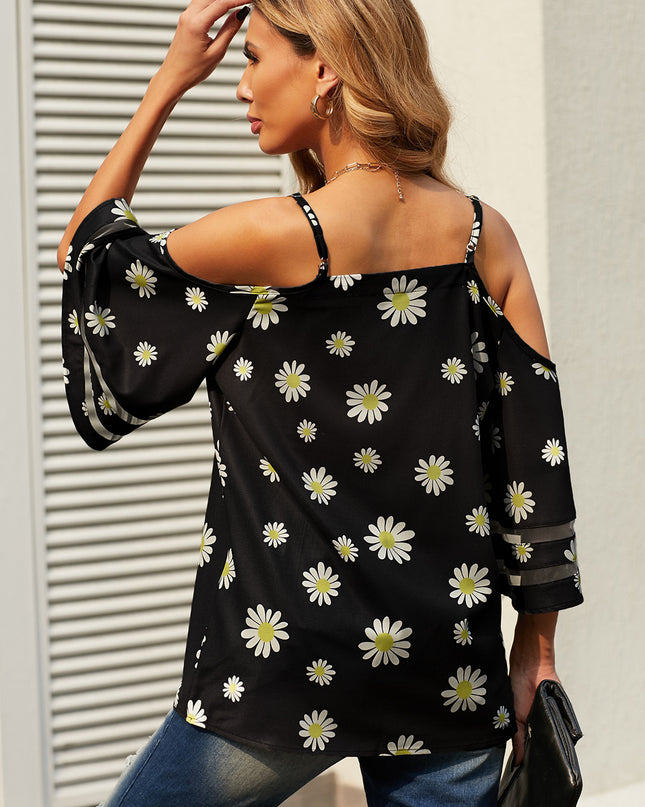 Printed Cold-Shoulder Three-Quarter Flare Sleeve Blouse