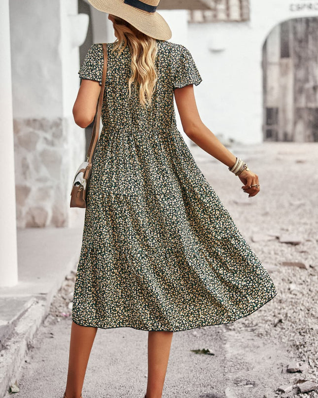 Round Neck Flutter Sleeve Midi Dress