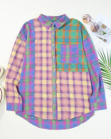 Contrast Plaid Pocketed Collared Neck Shirt