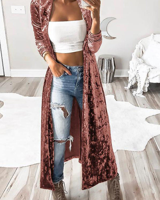 Open Front Long Sleeve Longline Velvet Cardigan