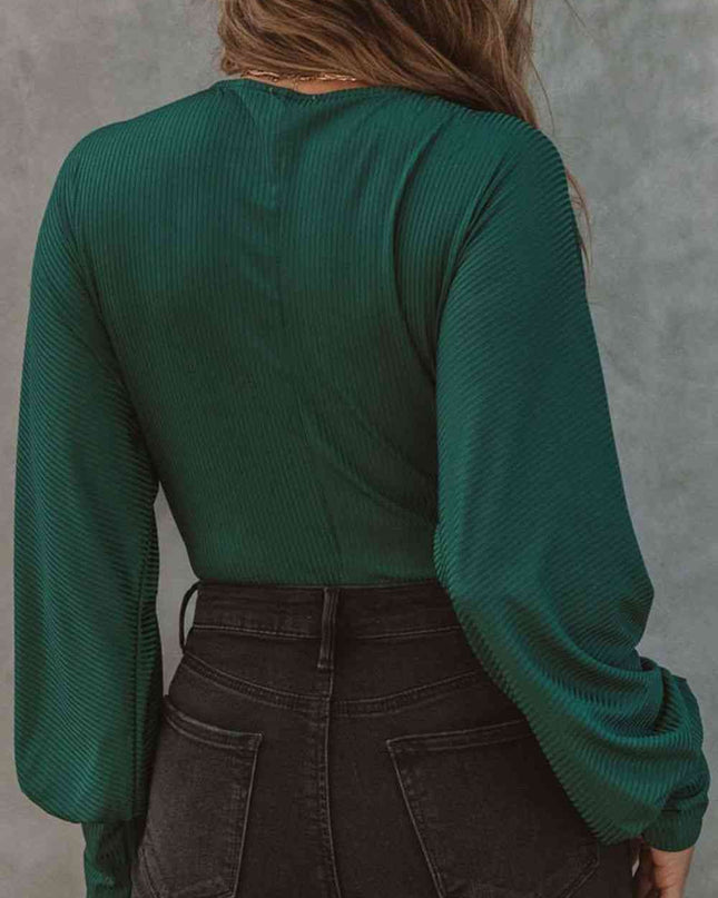 Ribbed Surplice Neck Lantern Sleeve Bodysuit