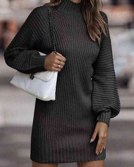 Mock Neck Lantern Sleeve Sweater Dress