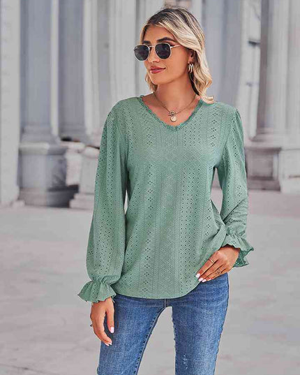 Eyelet V-Neck Flounce Sleeve Blouse