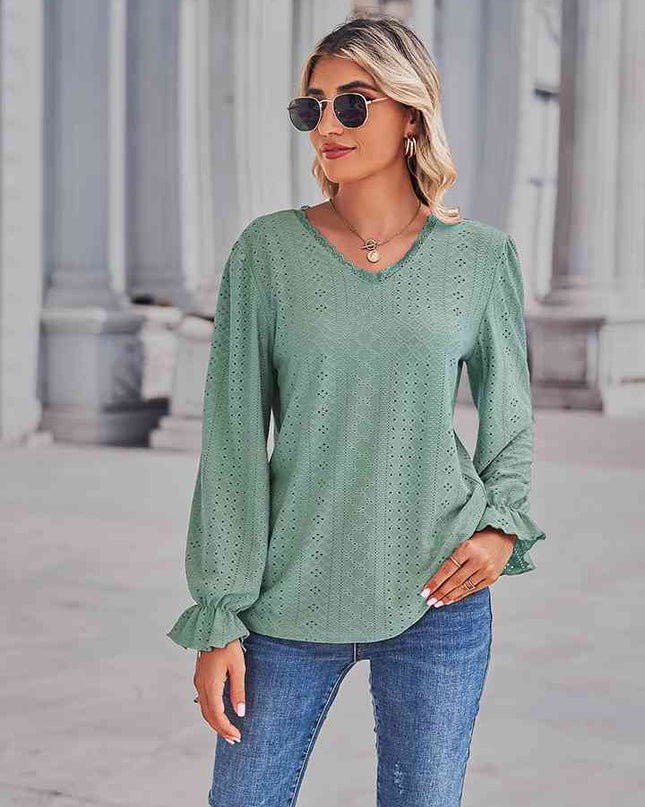 Eyelet V-Neck Flounce Sleeve Blouse