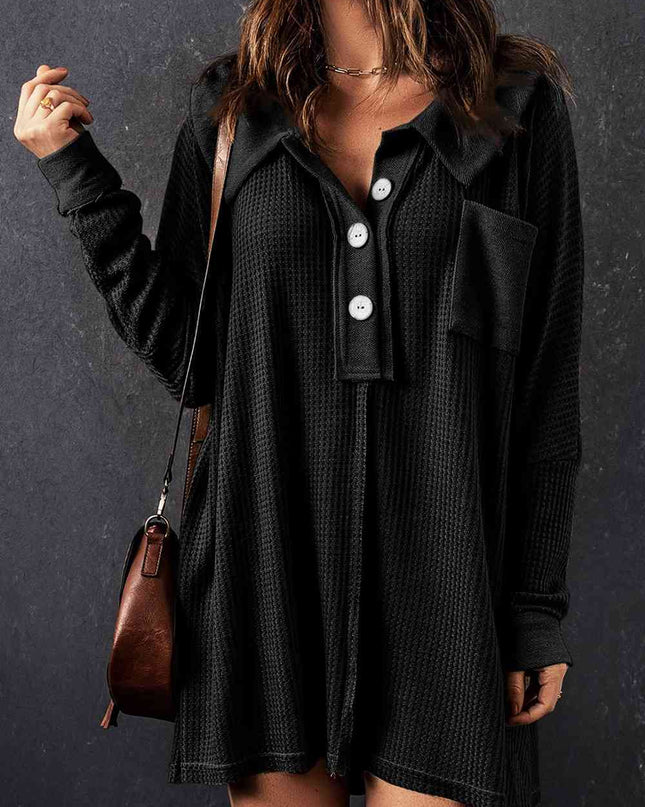 Waffle Knit Buttoned Long Sleeve Top with Breast Pocket