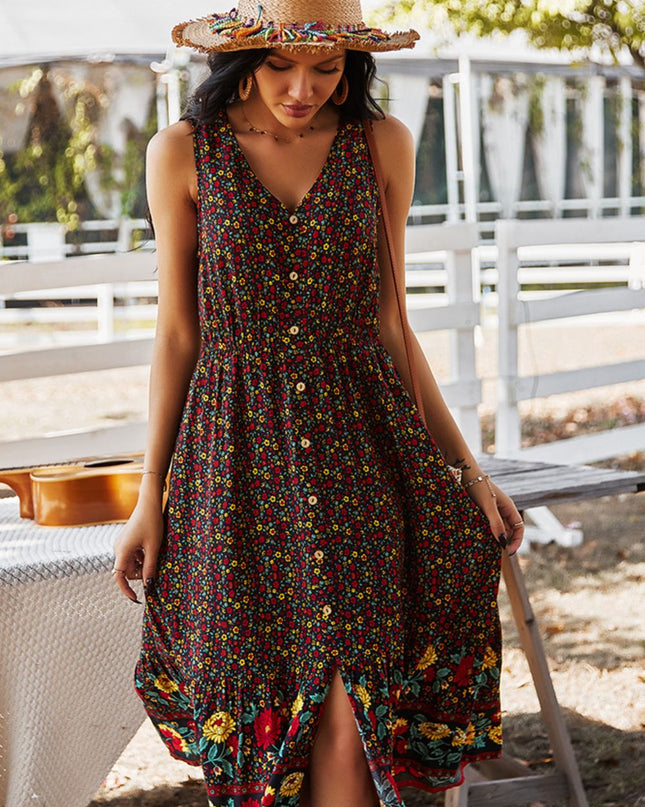 Floral Print Bohemian Style V-neck Sleeveless Midi Dress