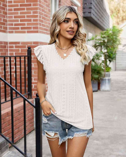 Eyelet Flutter Sleeve Scalloped V-Neck Top