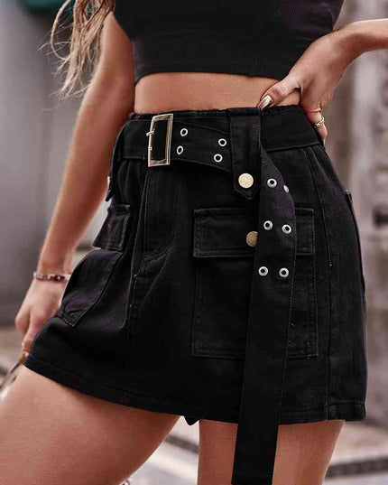 High Waist Denim Cargo Shorts