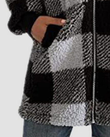 Plaid Zip Up Hooded Jacket with Pockets