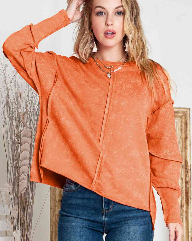 Full Size Exposed Seams Round Neck Dropped Shoulder Sweatshirt