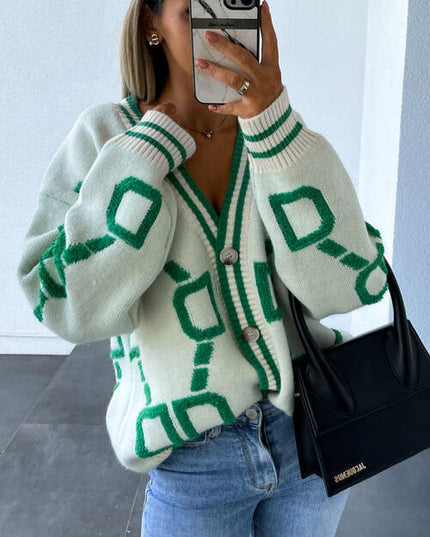 Geometric Dropped Shoulder Button Down Cardigan
