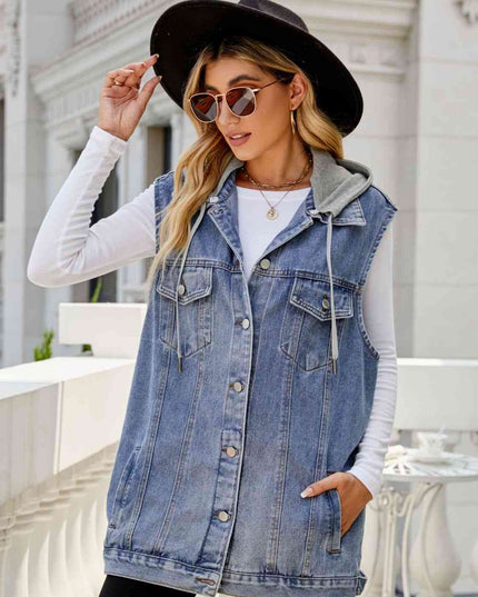 Drawstring Hooded Sleeveless Denim Top with Pockets