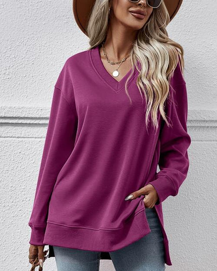 V-Neck Slit Long Sleeve Sweatshirt