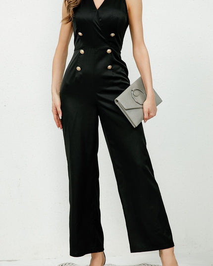 V-Neck Sleeveless Decorative Buttons Jumpsuit