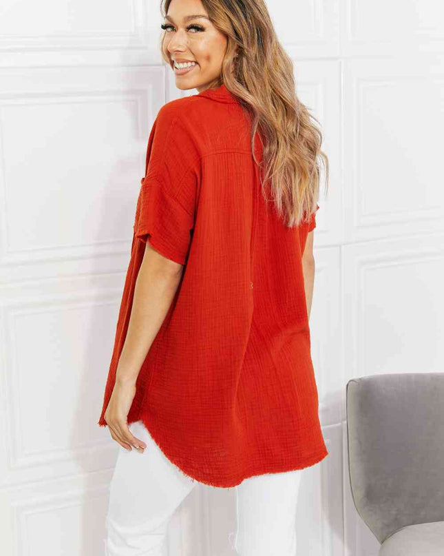 Zenana Full Size Summer Breeze Gauze Short Sleeve Shirt in Copper