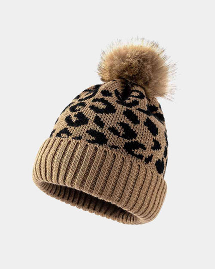 Leopard Pom-Pom Cuffed Beanie