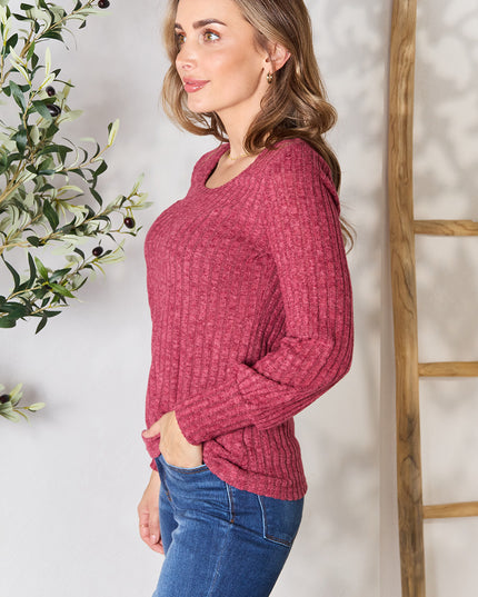 Double Take Ribbed Round Neck Lantern Sleeve Blouse
