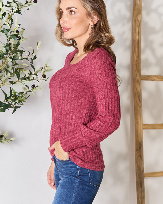 Double Take Ribbed Round Neck Lantern Sleeve Blouse