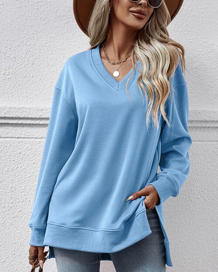 V-Neck Slit Long Sleeve Sweatshirt