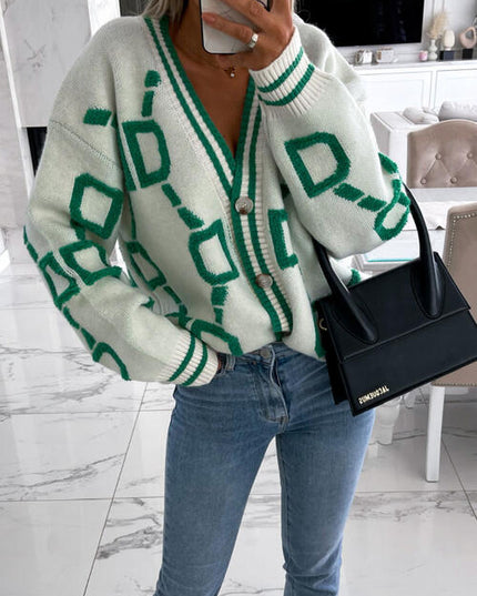 Geometric Dropped Shoulder Button Down Cardigan