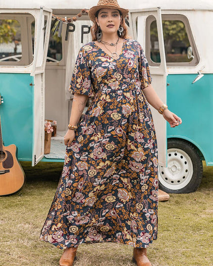 Floral V-Neck Short Sleeve Slit Dress