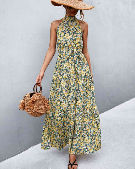 Printed Sleeveless Tie Waist Maxi Dress