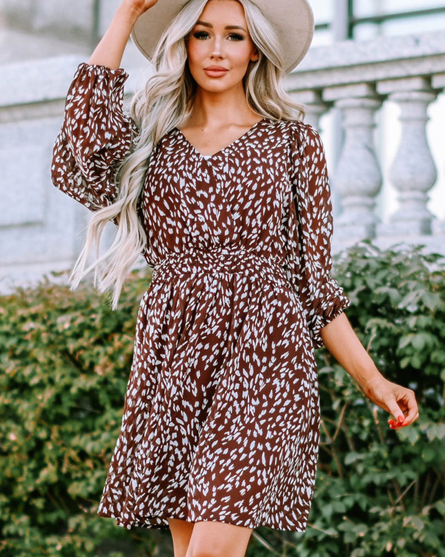 Printed Balloon Sleeve V-Neck Dress