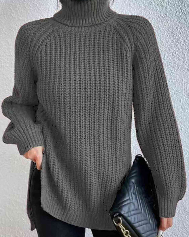 Full Size Turtleneck Rib-Knit Slit Sweater