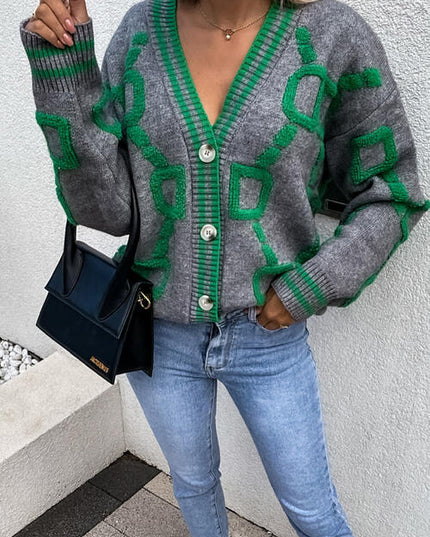 Geometric Dropped Shoulder Button Down Cardigan