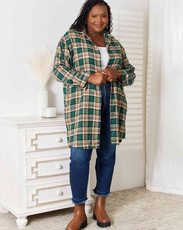 Double Take Plaid Collared Neck Long Sleeve Shirt
