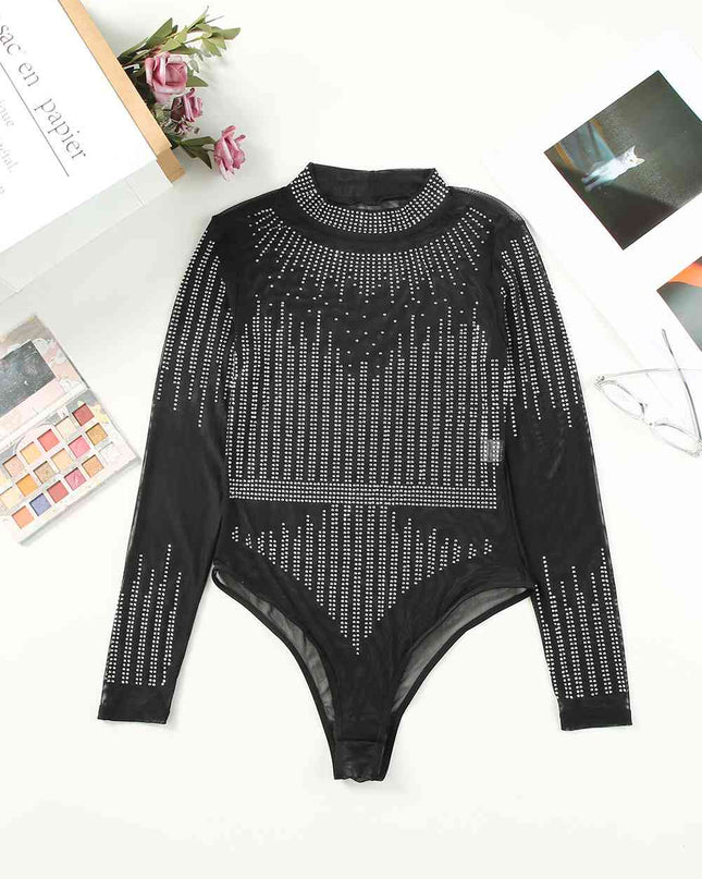 Rhinestone Round Neck Long Sleeve Bodysuit