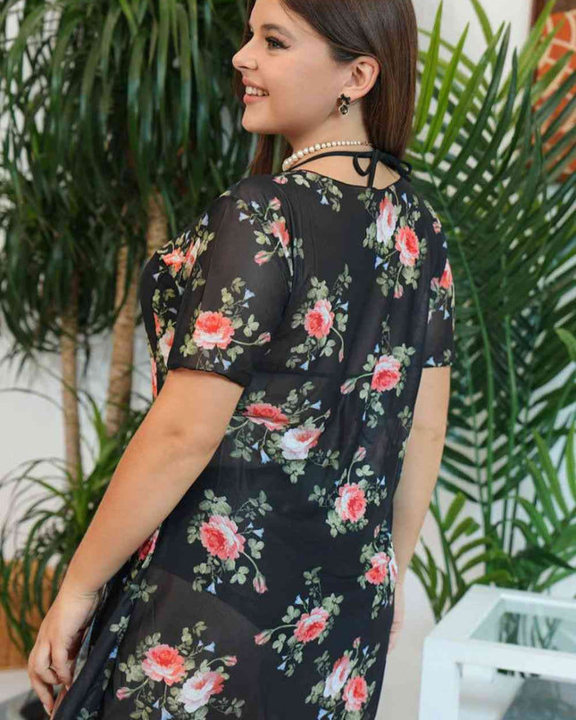 Plus Size Floral Slit Three-Piece Swim Set