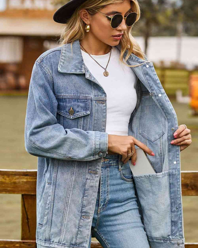 Buttoned Collared Neck Denim Jacket with Pockets