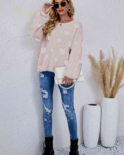 Woven Right Heart Print Fuzzy Crewneck Long Sleeve Sweater